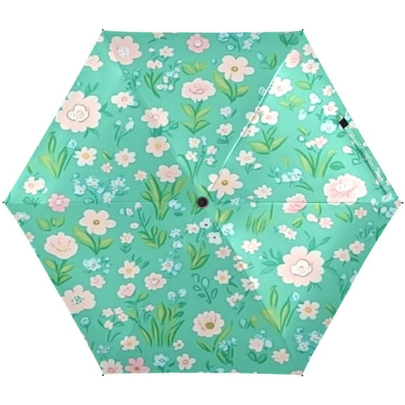 Mint Green Floral Pattern Umbrellas for Sun Auto Open Close UV50  Waterproof 5-Fold Compact Fiberglass Frame