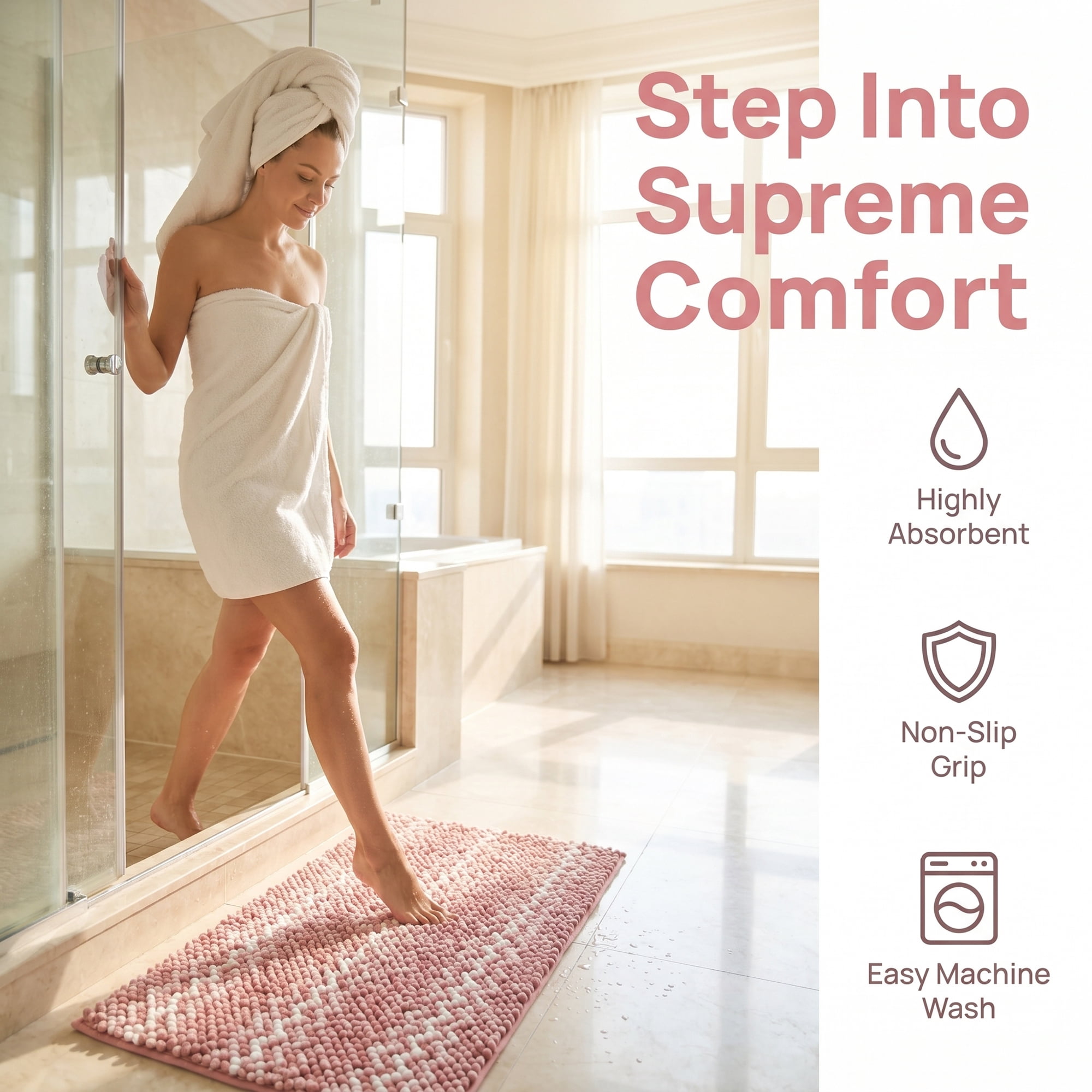 Unique Bargains Ultra Soft Non Slip Machine Washable Chenille Bath Mat Pink 32" x 20"