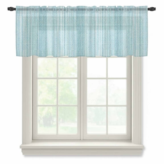 Abstract Blue Semi Sheer Valance Curtains Rustic Farmhouse Minimalist Blue Teal Vertical Striped Lines Voile Valances Curtain Rod Pocket Small Window Treatment for Kitchen Bathroom Cafe 42"x12"