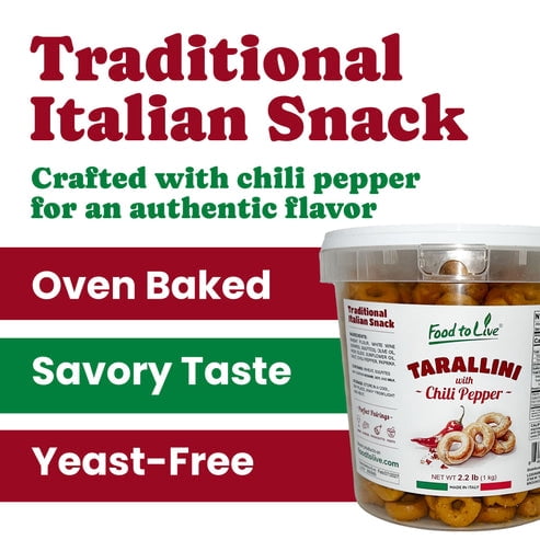 Tarallini with Chili Pepper, 2.2 lb (1 kg) – Traditional Italian Pugliese Snack. Oven-Baked Crunchy Crackers. No Sugar Added. Yeast-Free. Vegan (Pack of 6)