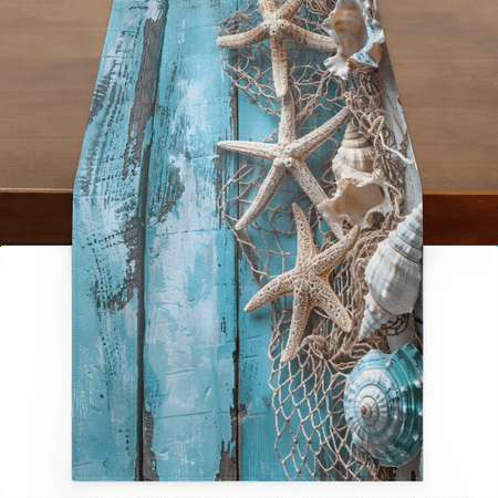 

Qzaxky Table Runner Boho Table Runner Summer Sea Shell Wood Blue Beach Vintage Bohemian Boho Outdoor Table Runner Decoration for Indoor Outdoor Home Dinner Party Wedding Decor 13 x 120 Inch