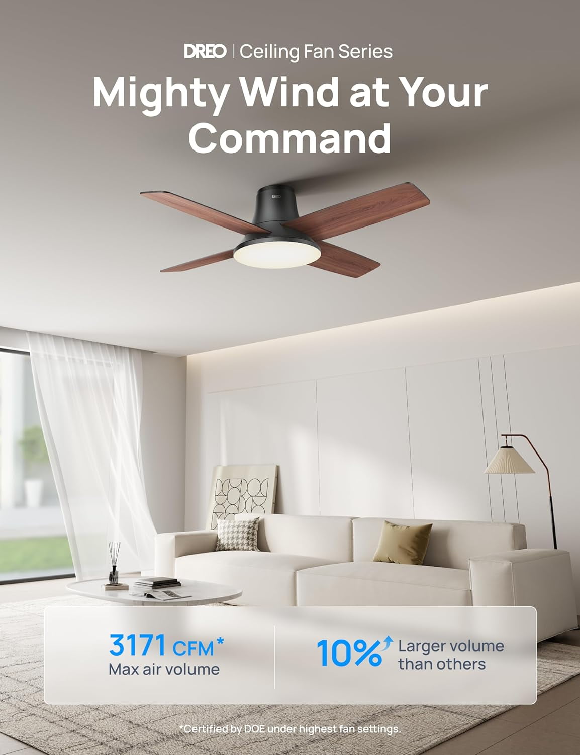 Dreo Ceiling Fans with Lights and Remote, 44'' Low Profile Ceiling Fan for Indoor Bedroom, 6-Level Dimmable Lighting & 5-Color Tone, 6 Speeds, Reversible DC Motor, Easy Installation, Black