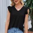 thumbnail image 3 of YYDGH Women's Summer Dressy Tops Casual V Neck Lace Trim Blouses Ruffle Cap Sleeve Eyelet Slim Fit Hollow T-Shirts Black S, 3 of 8