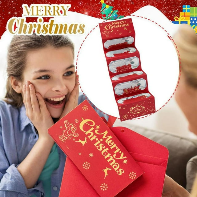 Christmas Santa Money Envelope 6 Slots - Christmas Cash Wallet Holiday Gift Card Holder, Fold-Out Red Envelope Money Box DIY Reusable Wallet