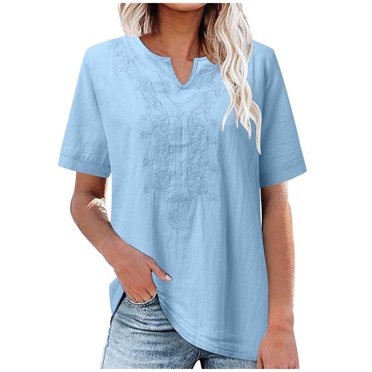 GigrtiJin Blouse Brodée pour Femmes Coton Lin Manches Courtes Tunique Décontractée Col en V Couleur Unie T-Shirt Ample