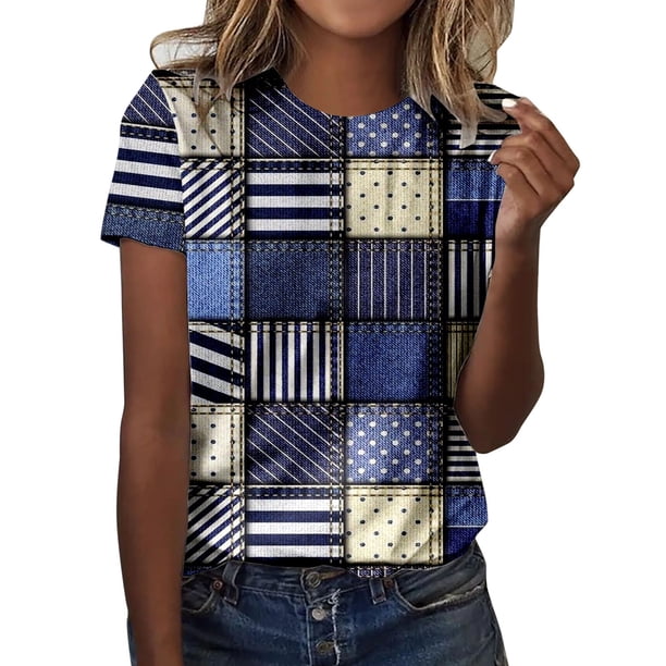 Gibobby Playera Corte clásico para Mujer Camiseta manga corta con cuello redondo informal verano para mujer(Azul oscuro,G)