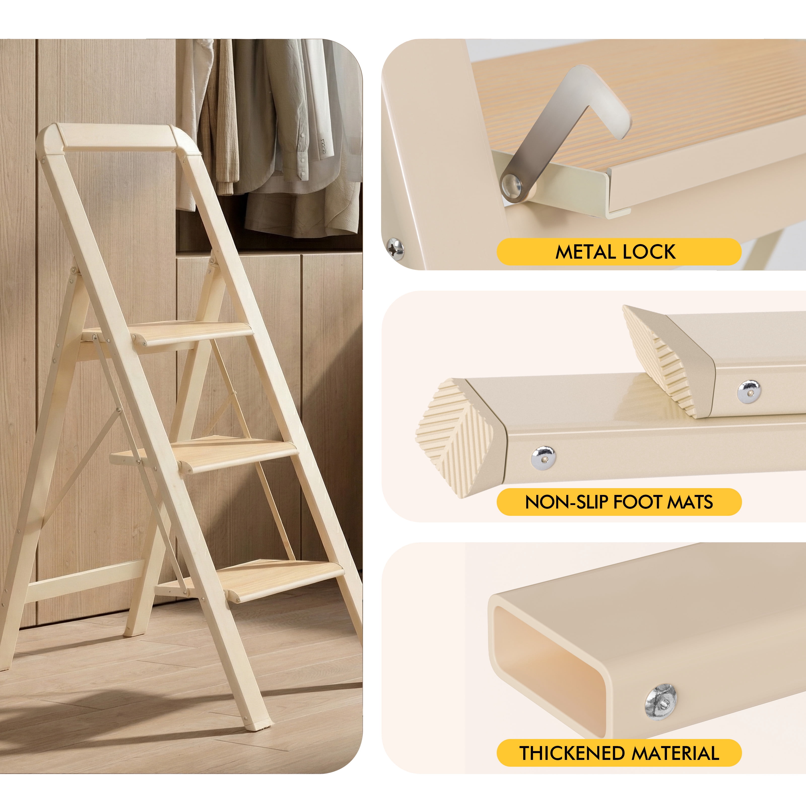 3 Step Folding Ladder 450 lbs Capacity Aluminum Alloy with Handrails Non-Slip for Home Kitchen Garage