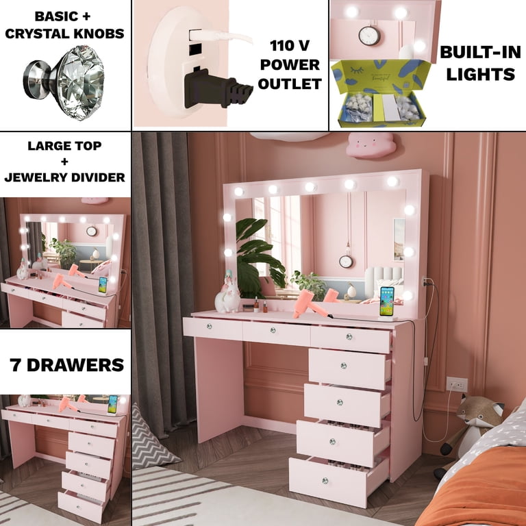 Ember Interiors Peggy Modern Large Pink Vanity Desk with Lighted Mirror, 7  Drawers, Power Outlet with USB Type-C and Crystal Knobs for Women & Teens -  Walmart.com