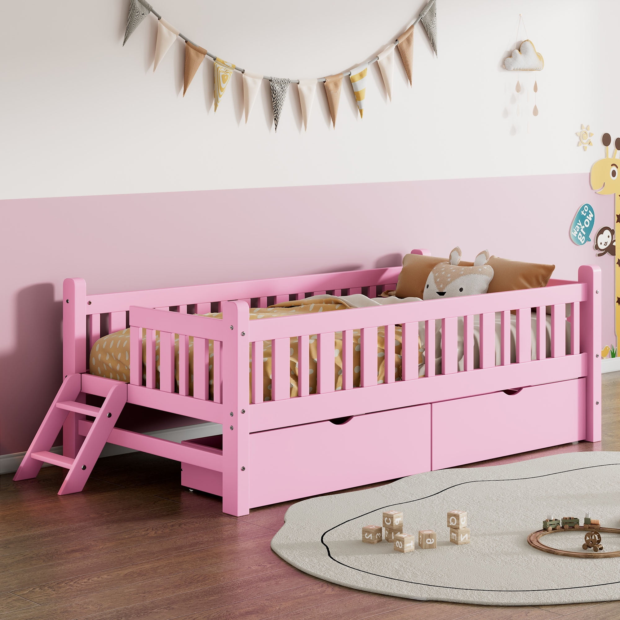Euroco Wood Twin Size Platform Bed with 2 Drawers and Ladder for Kids and Toddlers, Pink