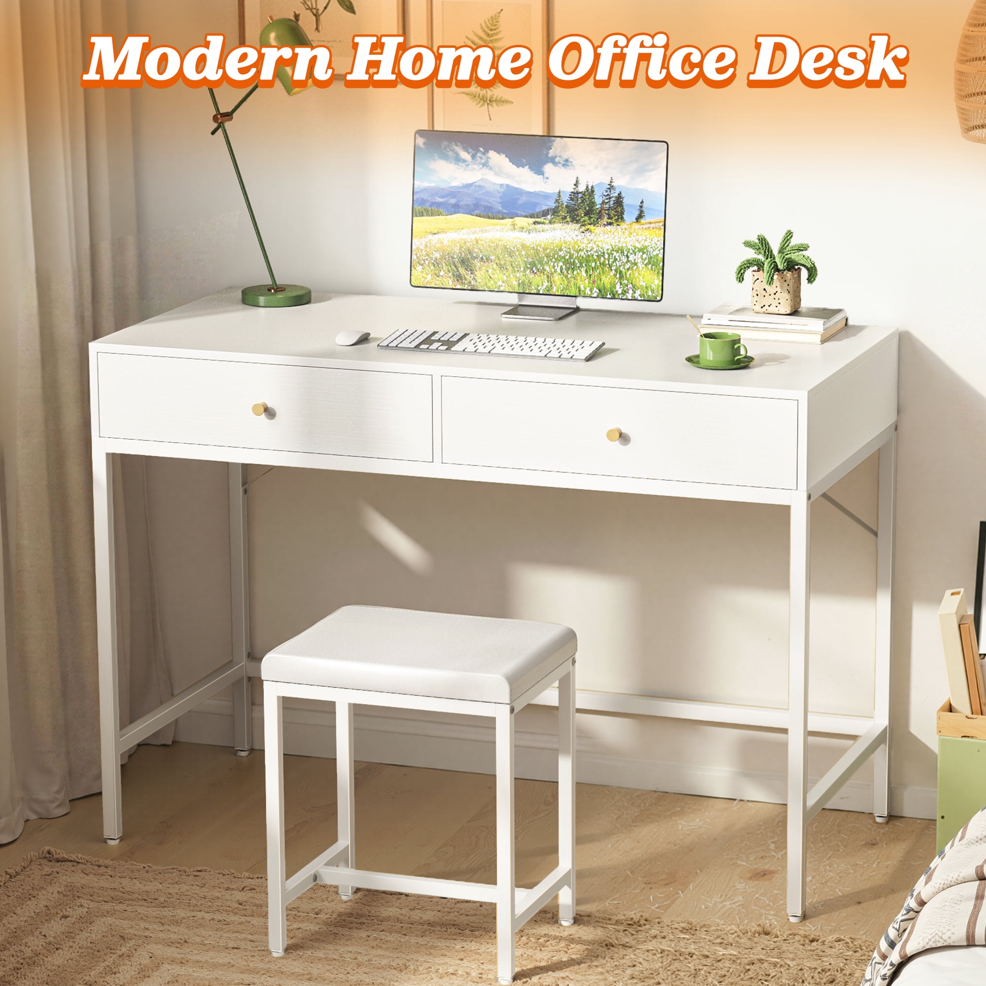 Amadwell 35.4 Inches White and Gold Desk with 2 Drawers, Vanity Desk with Padded Stool, Bedroom