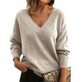 thumbnail image 2 of Women's Fashion Casual Solid Color Sweater Set Head V Neck Warm Long-sleeved Sweater for Fall Winter Layering and Comfort,Beige,L, 2 of 7