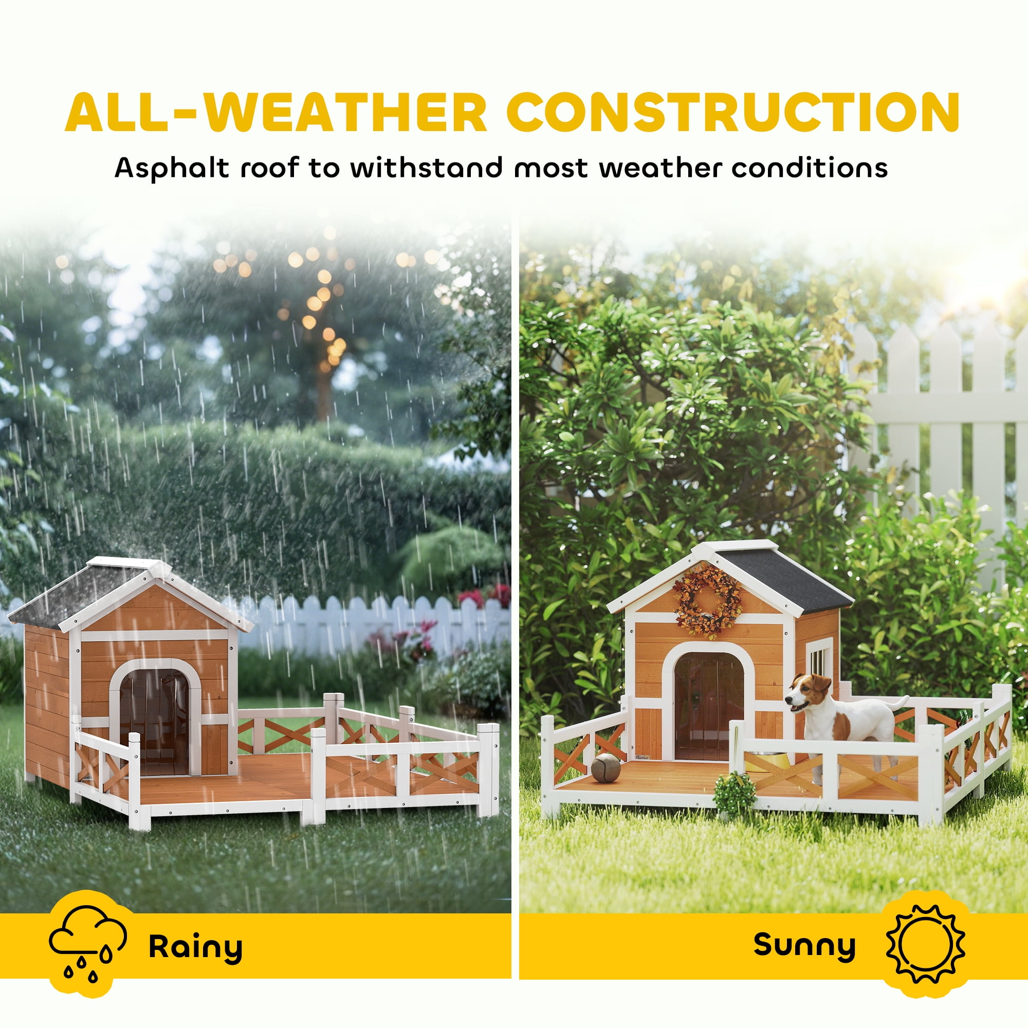 PawHut Outdoor Dog House, Wooden Dog Shlter with Large Porch, Weatherproof & Openable Roof, Elevated Base, Removable Floor