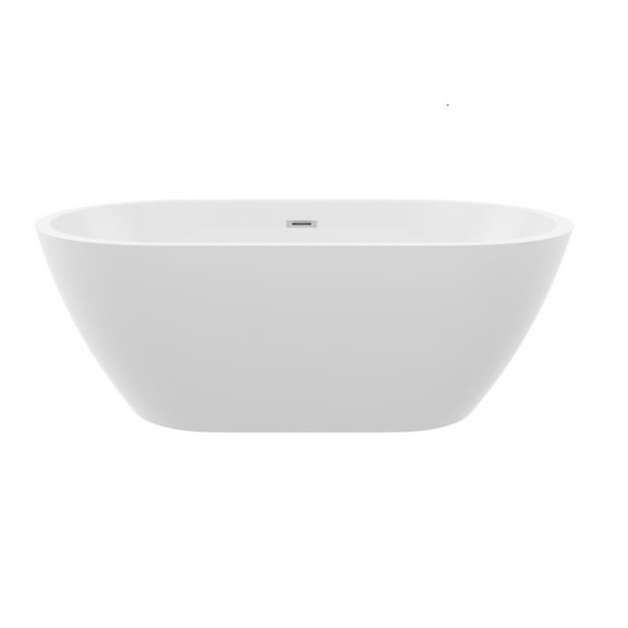 59" Acrylic Freestanding Bathtub, Elegant Curved Shape Soaking Bathtub, Glossy White, Chrome Overflow & Pop-Up Drain