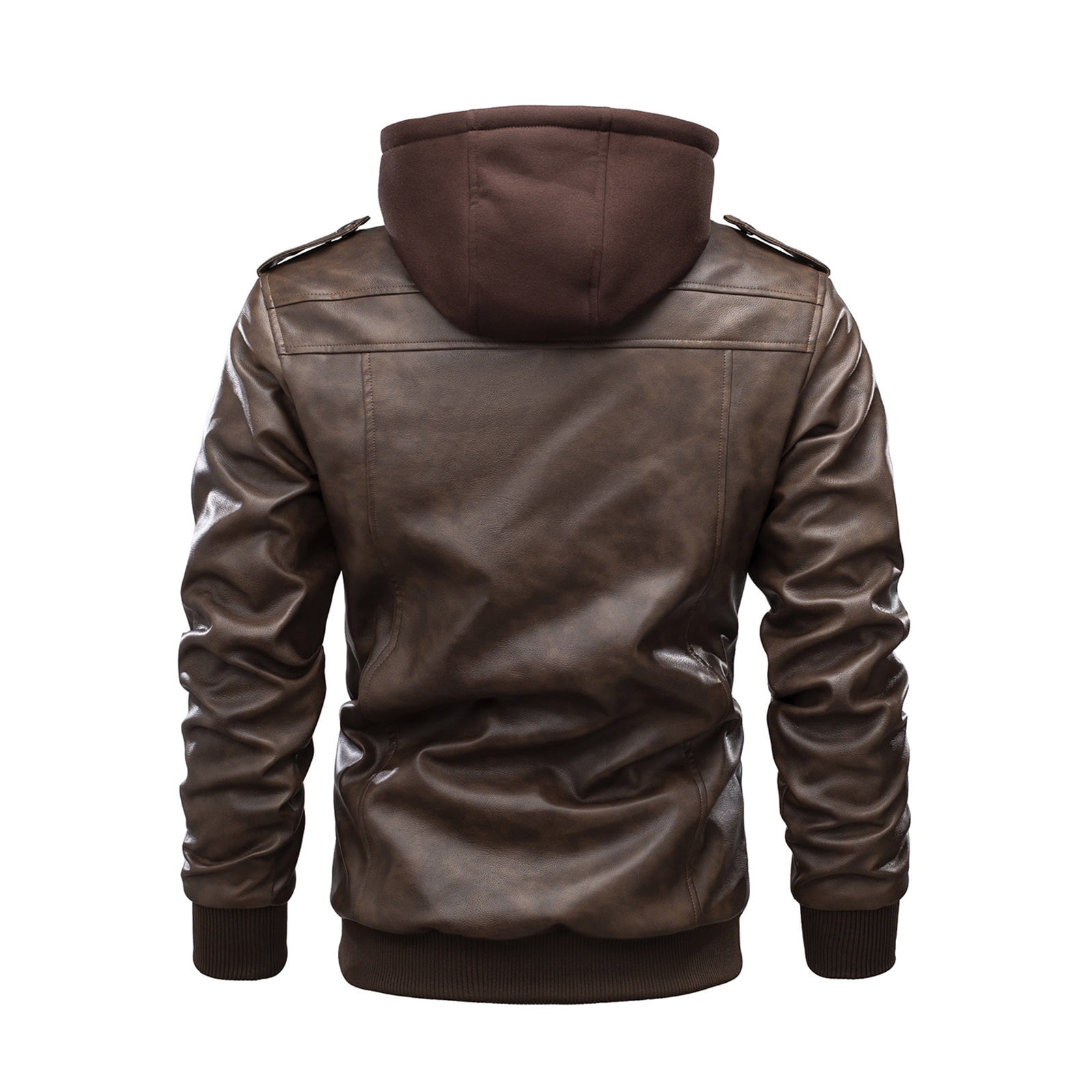 IYTR Men's Winter Warm Faux Leather Hooded Jacket with Hood Thickened Fleece Lined Pockets Zipper Motorcycle Outwear Coats Coffee L