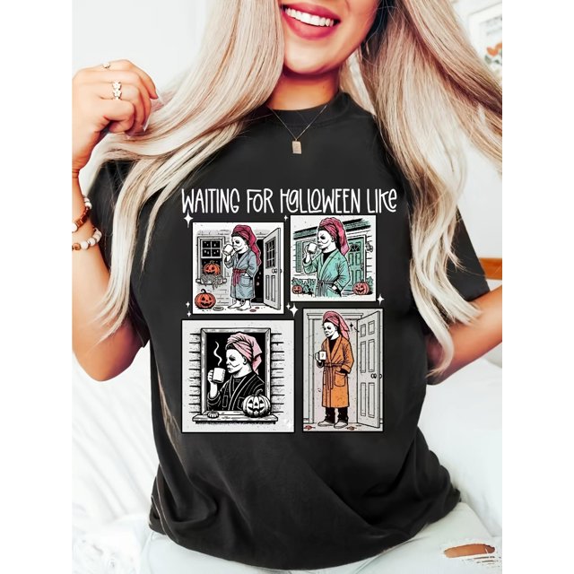 Women's White Halloween T-Shirt "Waiting for Halloween Like" Graphic Tee with 4 Spooky Season Panels, Stretchy Casual Round Neck Shirt, Machine Washable for Parties & Casual attire, Hal