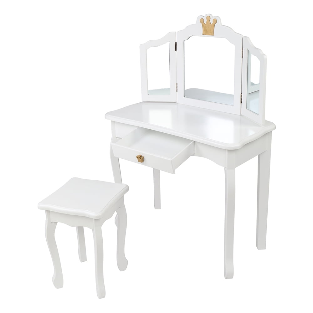 Private Jungle Children's Wooden Dressing Table Three-Sided Folding Mirror Dressing Table Chair Single Drawer,White Crown Style Private Jungle Children's Wooden Dressing Table Three-Sided Folding Mirror Dressing Table Chair Single Drawer,White Crown Style