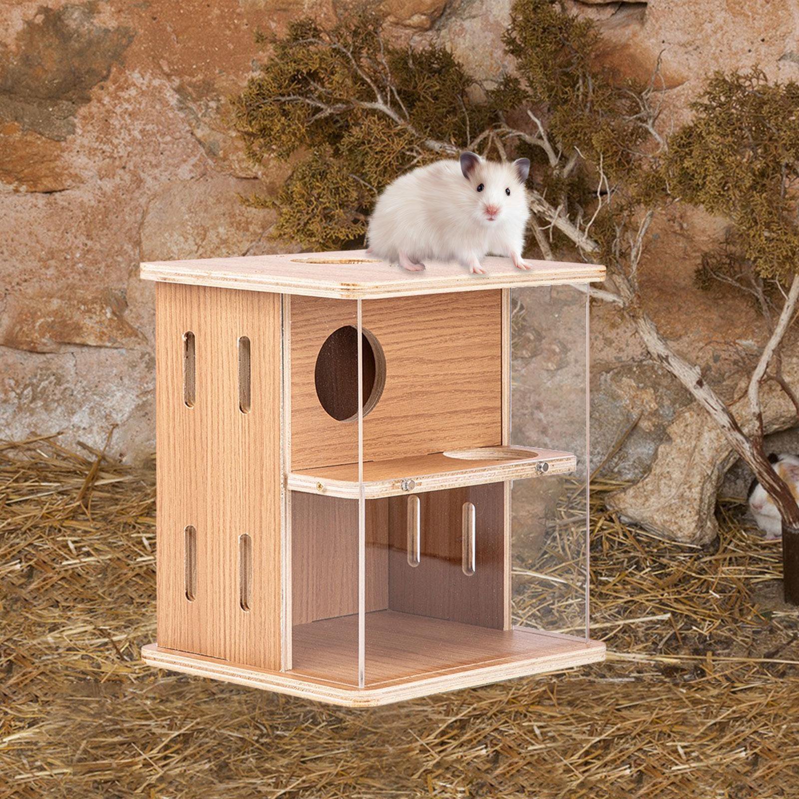 balikha Hamster House Wooden Two Tier Hideaway Small Animal Hut Multifunctional Gerbil Nest Acrylic Observation Shelter suitable for mice rats gerbils
