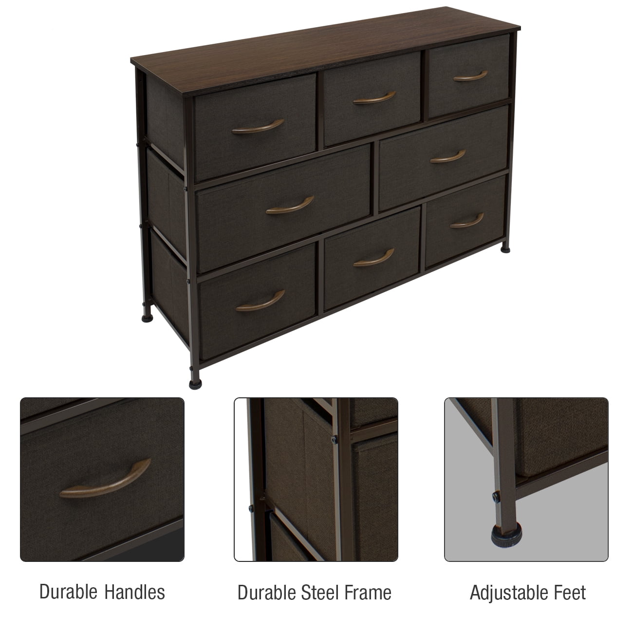 Sorbus Dresser with 8 Drawers - Furniture Storage Chest for Kids Clothing Organization, Bedroom, Hallway, Closet, Office - Steel Iron Frame, Rustic Farmhouse Wood Top, Fabric Bins (Brown)