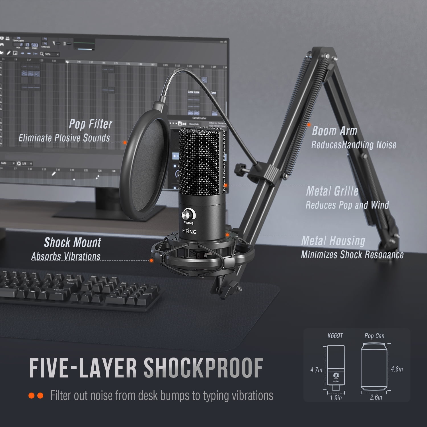 FIFINE T669 USB Studio Microphone Kit for PC Computer, Recording Microphone Bundle with Boom Arm, Gain Control, Pop Filter for Streaming, Podcasting