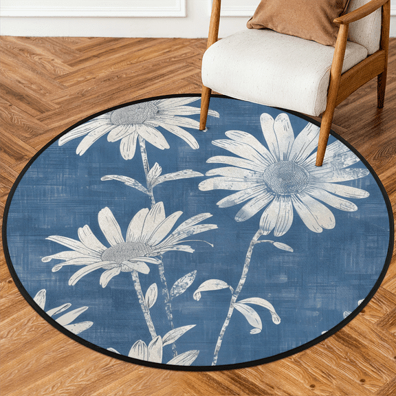 CURLYOOT Round Rug 3ft Flower Area Rug, Washable Circle Mat Non Slip Floor Carpet Mat, Daisy Flower Soft Indoor Rugs for Entryway Living Room Dining Room Bedroom