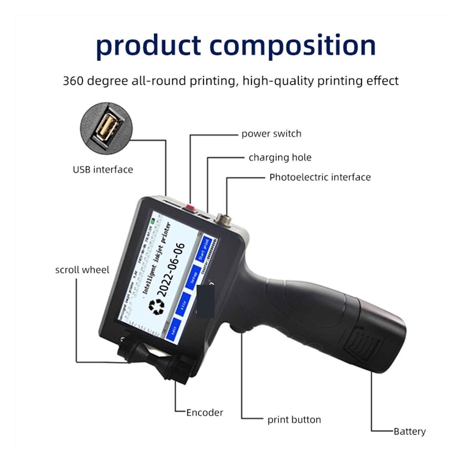 English 12.7mm Handheld Inkjet Printer Portable Small Label Coding Machine Production Date QR Barcode Logo Permanent Ink ,Multifunction Inkjet Printer