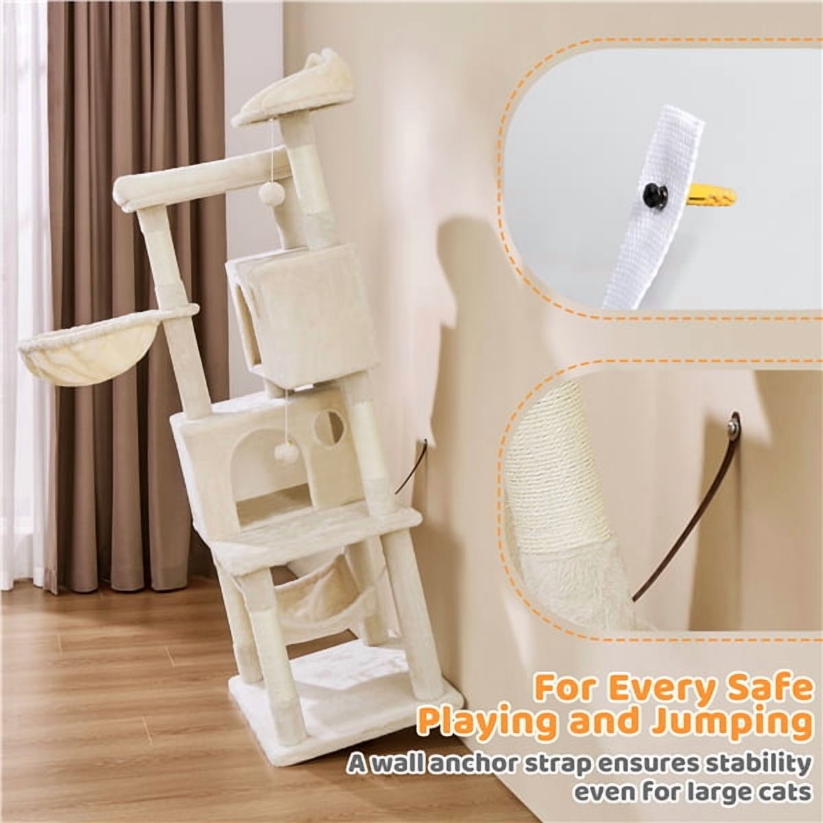 Yaheetech 64.5in Multi-level Large Cat Tree Condo Tower with Hammock Scratching Posts & Hammock, Beige