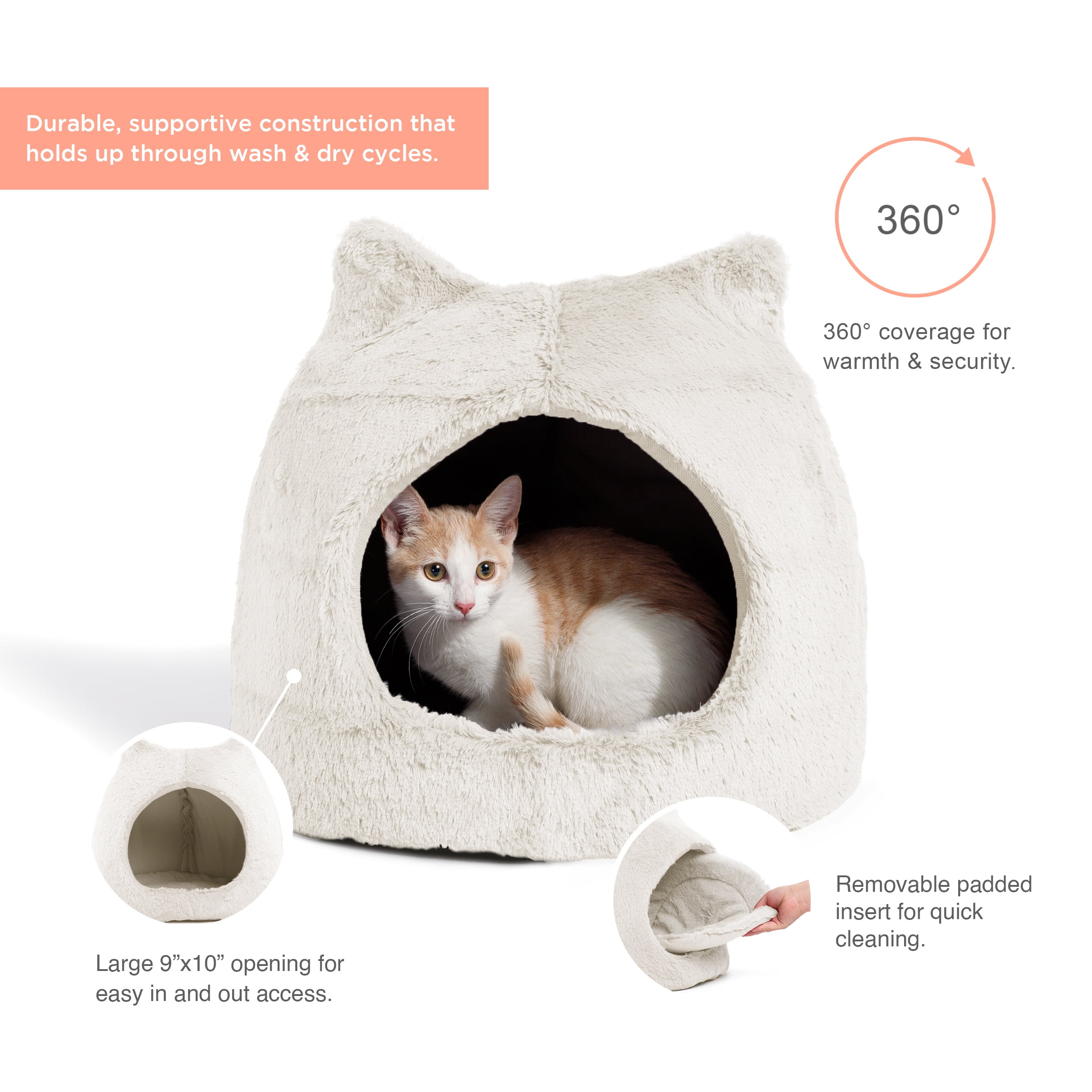 Best Friends by Sheri Meow Hut Fur Dome Pet Bed – Covered Cat Cave for Cats & Small Dogs up to 15 lbs, Faux Fur Hideaway with Water-Resistant Bottom, Machine Washable, Ivory
