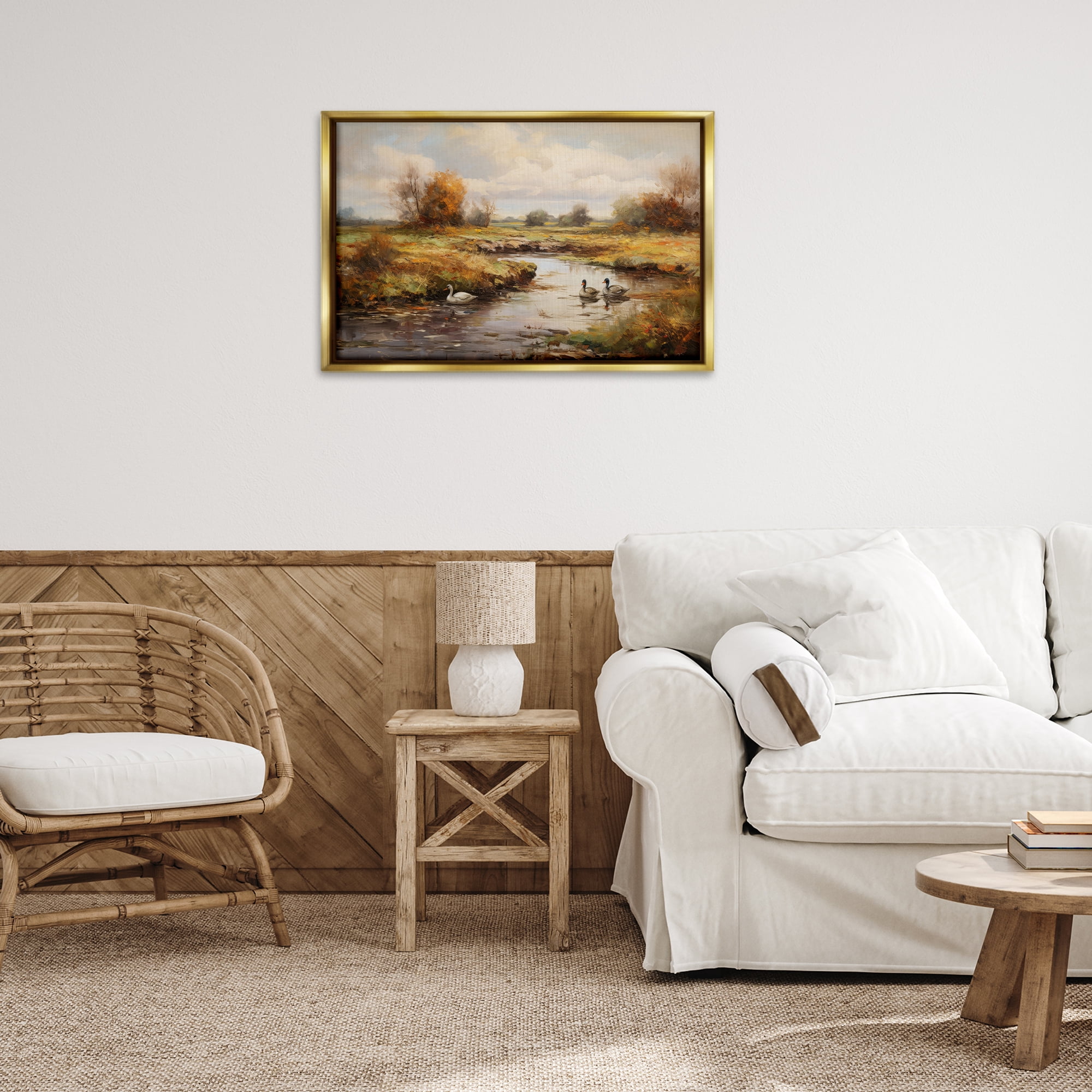 Stupell Industries Ducky Days Landscape Landscape & Nature Painting Gold Floater Framed Canvas Art Print Wall Art, 31 x 21