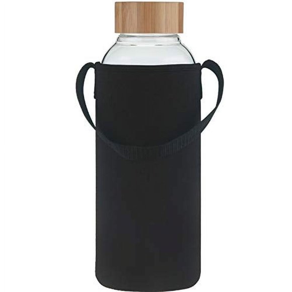 Ferexer 48 oz Sports Borosilicate Glass Water Bottle with Bamboo Lid with Neoprene Sleeve
