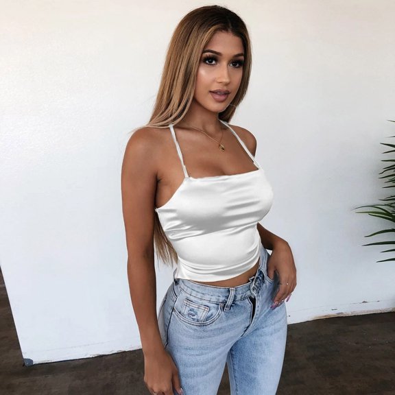 Women's Tennis Tanks Lace Slim Crop Backless Club Top Imitated Up Fit Silk Blouse for Party White M