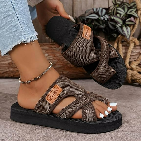 Brown Sandals Women Slide Flat Sandals Comfortable Orthopedic Slip On Mesh Summer Shoes