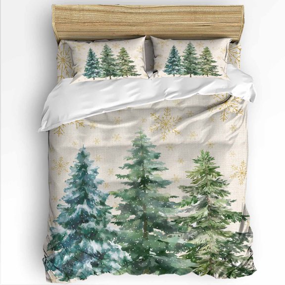 Green Christmas Tree Queen Size Comforter Set, Xmas Pine Trees Snowflakes Retro Linen Soft Bedding for All Seasons, 4 Pcs Bed Set with 1Comforter (90"x92") ,1 Sheet(94"x116"), 2 Pillowcases (19"x29")