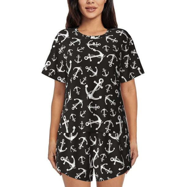 Fotbe Anchor Conjunto de Pijama Estampado para Mujer, 2 Piezas, Ropa de Dormir con Camiseta de Manga Corta y Shorts Suaves-Small