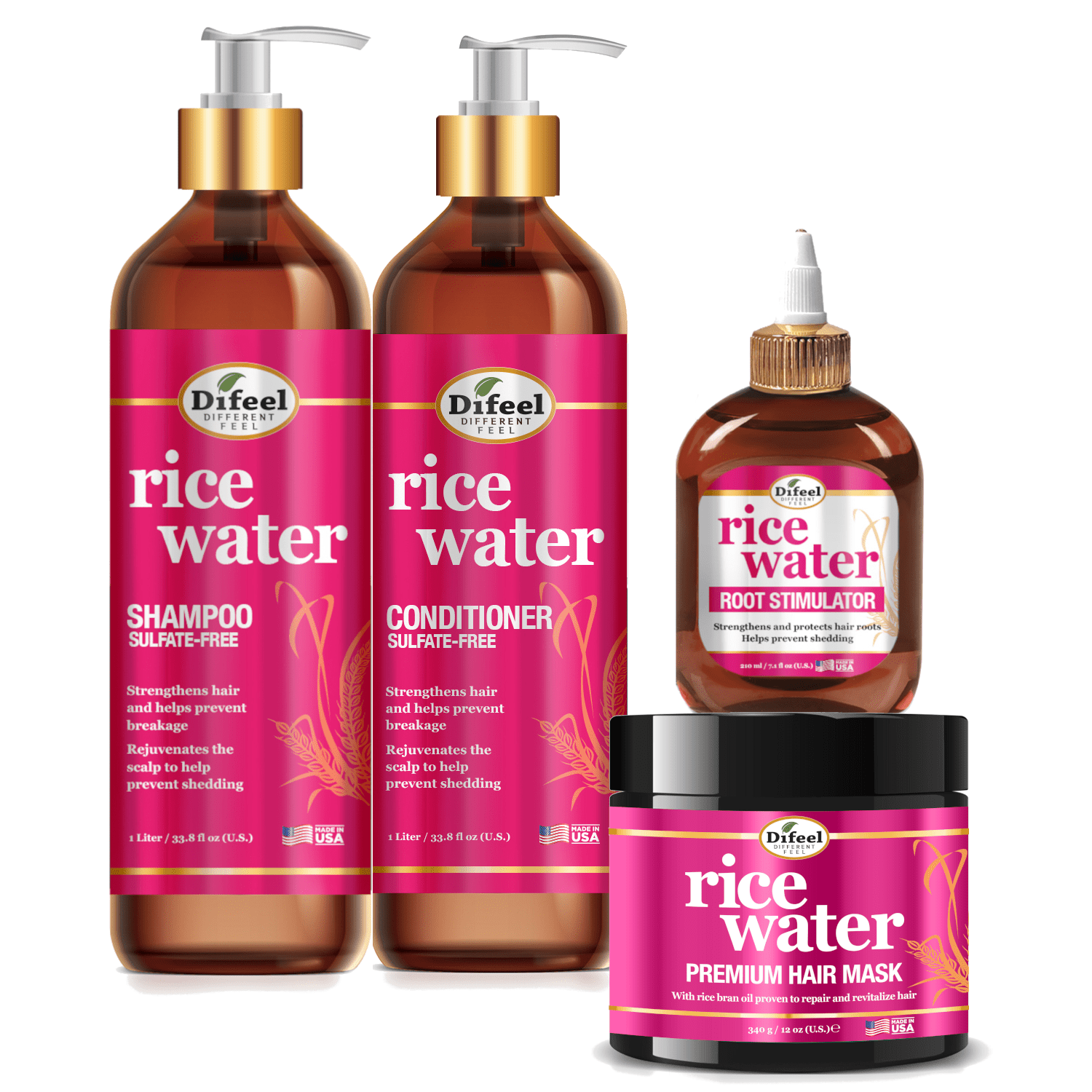 Difeel Rice Water Hair Care 4PC Shampoo & Conditioner Deep