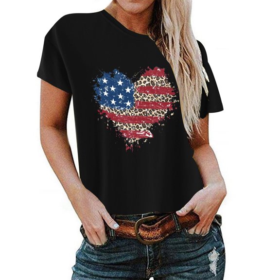 Aoochasliy Womens Blouses Short Sleeve Summer Casual Loose Fitting Independent Day Printed Round Neck Dressy Top