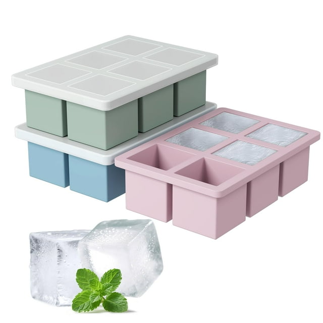 Bandeja para cubitos de hielo SAWNZC grande de silicona, paquete de 3 con tapa de 1.9 pulgadas
