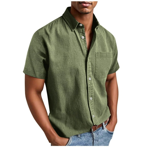 Chiccall Men's Solid Button Down Shirts Plus Size Casual Loose Shirts Classic Breathable Short Sleeve Summer Tops with Pocket