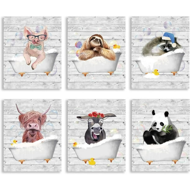 Impresiones de arte de pared de animales de bañera, póster de lienzo de animales bañándose, impresiones de lienzo divertidas sin marco para baño, adorable panda, cerdo, caballo, arte de pared