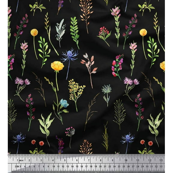 Soimoi Black Cotton Duck Fabric Wildflower & Leaves Print Sewing Fabric BTY 42 Inch Wide