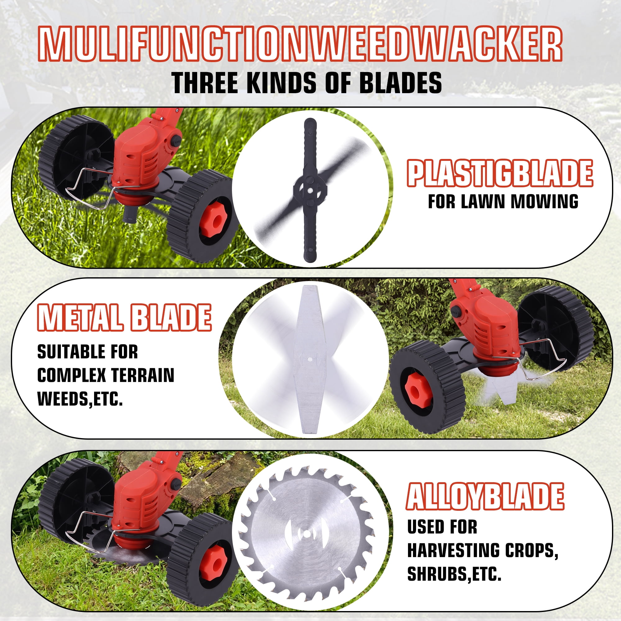 Lightweight String Trimmer Edger Lawn with Adjustable Length Pole, 2 Batteries & 3 Types Blades for Garden and Yard
