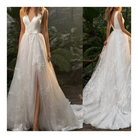 White Wedding Dress Floor Length Bridal Gown Deep V-Neck V-Back Satin Lace