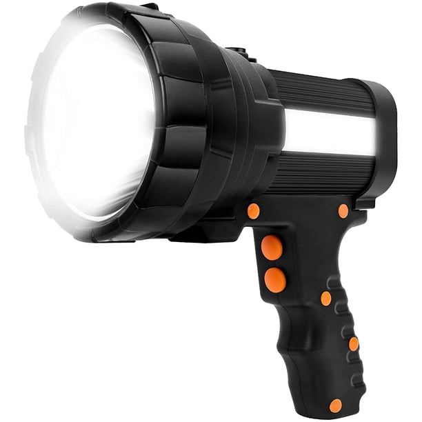 Linterna LED ultra potente recargable por USB, 15 000 lúmenes, 10 000 mAh, con luz lateral, linterna impermeable de alta potencia (negra)