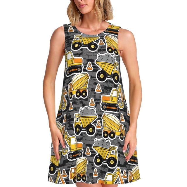 Fotbe Excavator At Work Vestido de Verano sin Mangas para Mujer – Vestido Midi Línea A, Estilo Camiseta Floral, Vestido Playero Casual y Fluido