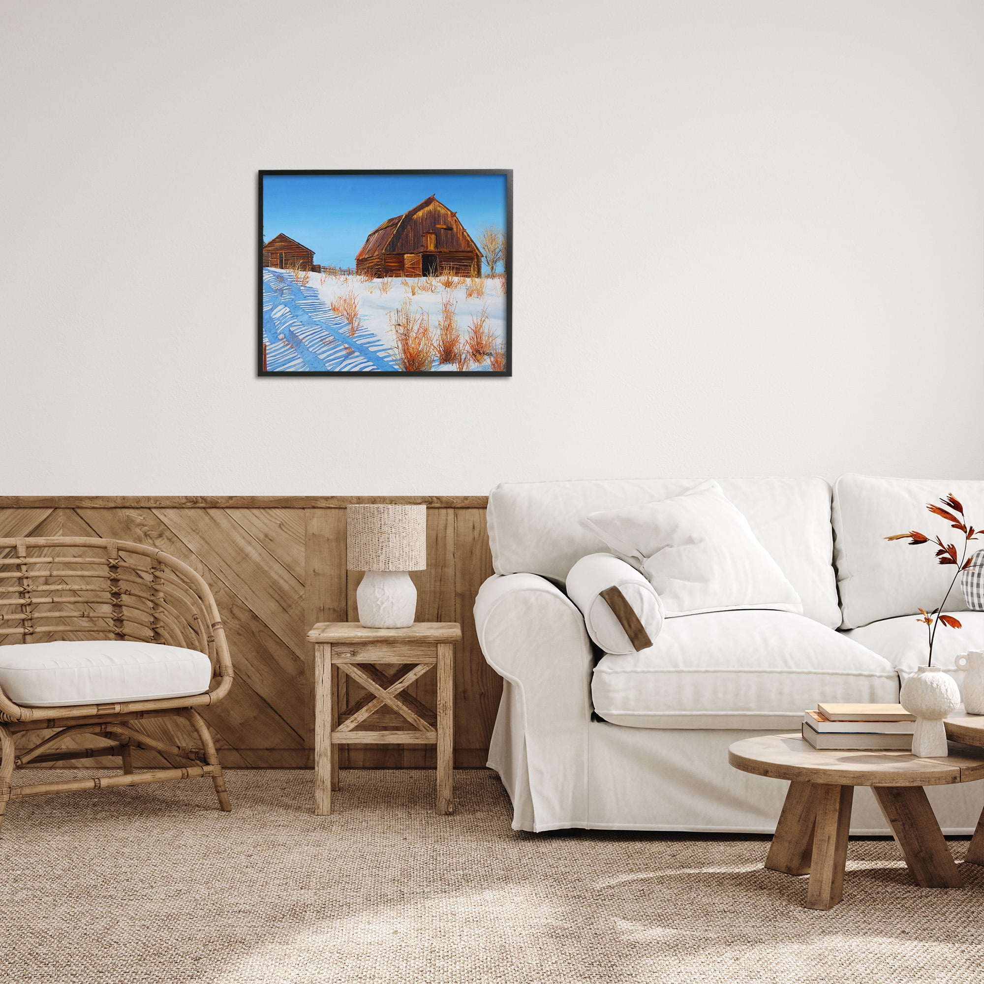 Stupell Industries Winter Country Barn Landscape Painting Black Framed Art Print Wall Art, 30 x 24