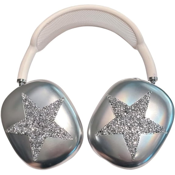 Electroplated Silver Plating Case for AirPods Max Headphones,Sparkling Diamond Pentagram Pattern Design for Women Girls,Protective Cover for AirPods Max