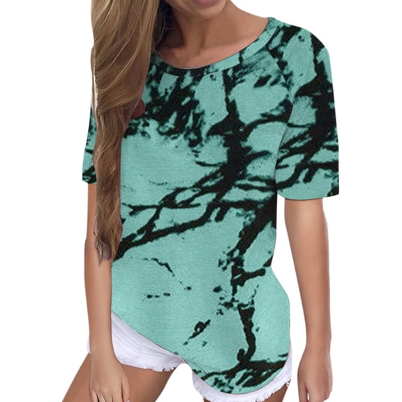 Women's Fashion Casual Loose Tie Dye Printed Short Sleeve T-Shirt Top Light Green XL Size
