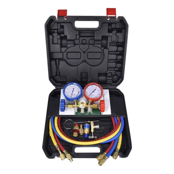 R410A R404A R32 HVAC Refrigerant Gauge Kit, Three-Color Hose with Storage Case for Residential Air Conditioning Service and Commercial Cooling System Maintenance