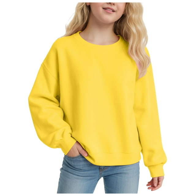WUANDIXFA Chandails à Manches Longues pour Bébé Fille Chandail à Enfiler à Manches Longues pour Filles Confortable Doux à la Mode et Décontracté Chandail à Col Rond à Manches Longues pour Filles Jaune, 7-8 Ans