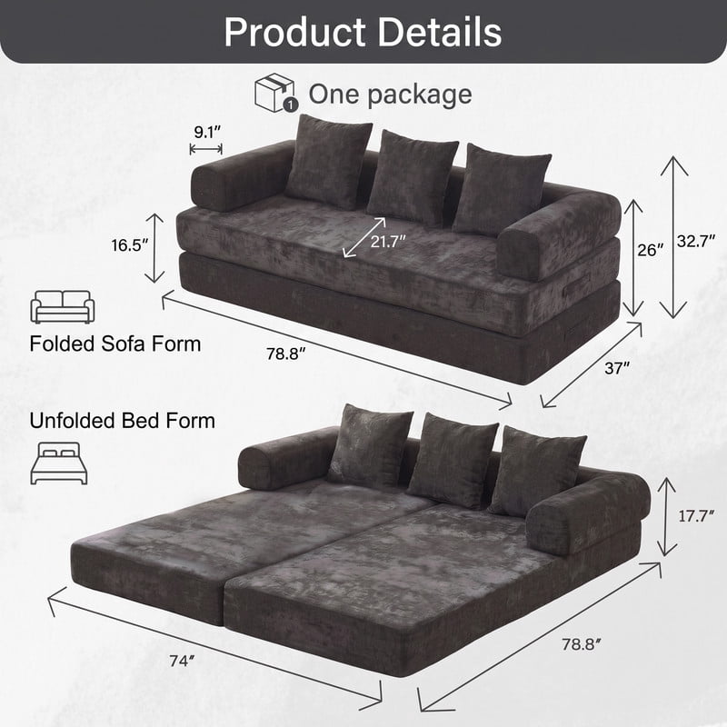 Gewnee 79 Boneless Sofa, Convertible Sofa Bed, Futon Floor Sleeper Sofa Bed with Pillows for Living Room Bedroom, No Assembly Required, Chenille, Classic Black
