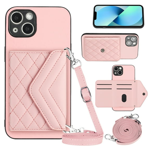 Envelope Design for iPhone 13 mini Case RFID Blocking Wallet Card Holder Leather PU Flip Cover Folio Lanyard Crossbody Strap Women Girl Magnetic Clasp Kickstand For iPhone 13 mini, Pink